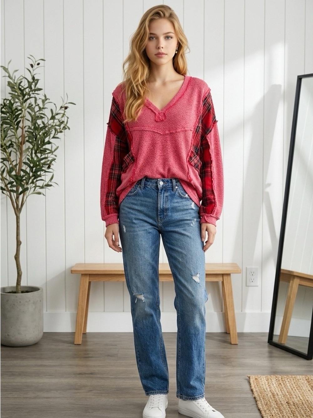 Easel Red Thermal Loose Fit V-Neck with Plaid Inserts - Large (NWOT)